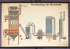 Oude schoolkaart Carbonisatie van Bruinkool - Verschwelung der Braunkohle