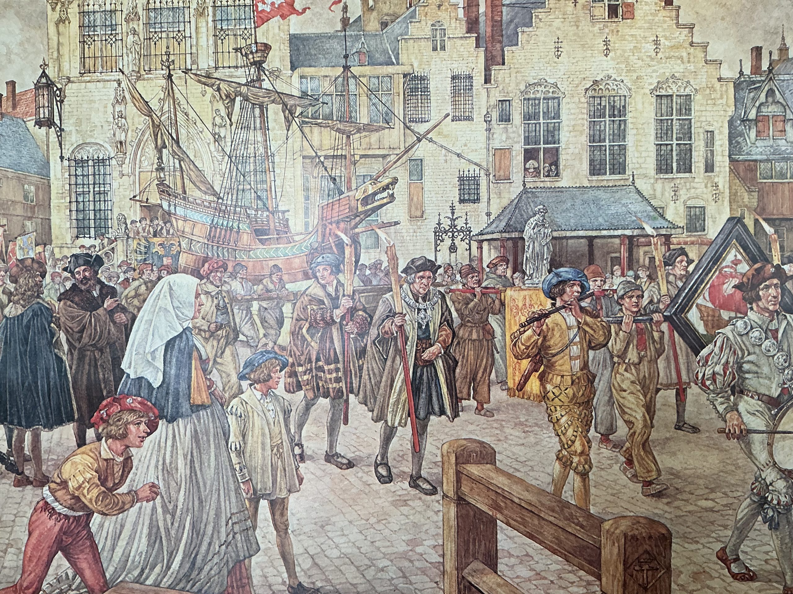 Oude Schoolkaart Een Gildenoptocht in Antwerpen (1520) - Afbeelding 6